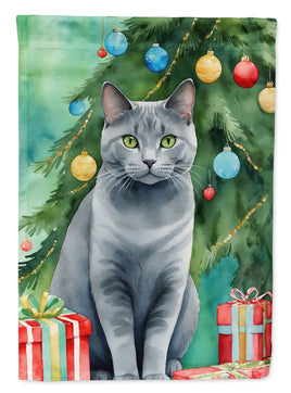 Chartreux Cat By the Christmas Tree Garden Flag