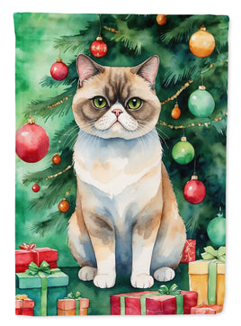Exotic Shorthair Cat By the Christmas Tree House Flag