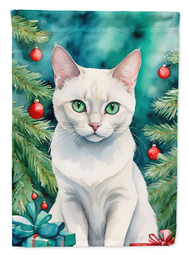 Foreign White Cat By the Christmas Tree House Flag