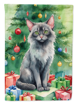 Lykoi Cat By the Christmas Tree House Flag
