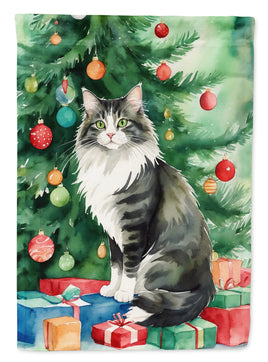Norwegian Forest Cat By the Christmas Tree House Flag