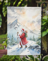 Santa Claus Hiking in the Mountains Christmas Garden Flag