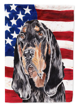 Coonhound Black and Tan USA American Flag Flag Garden Size