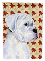 Boxer White Fall Leaves Portrait Flag Garden Size