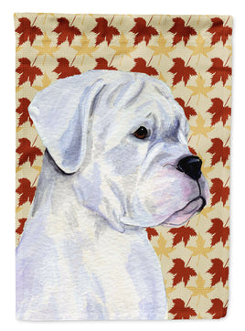 Boxer White Fall Leaves Portrait Flag Garden Size