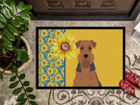 Summer Sunflowers Grizzle and Tan Airedale Terrier Indoor or Outdoor Mat 24x36