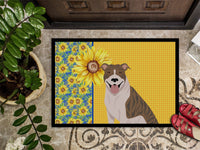 Summer Sunflowers Fawn Brindle Pit Bull Terrier Indoor or Outdoor Mat 18x27