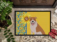 Summer Sunflowers Red and White Pit Bull Terrier Indoor or Outdoor Mat 18x27