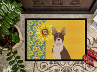 Summer Sunflowers Red Boston Terrier Indoor or Outdoor Mat 18x27