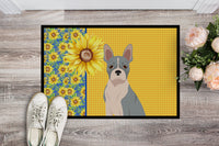Summer Sunflowers Blue Boston Terrier Indoor or Outdoor Mat 18x27