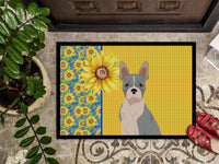 Summer Sunflowers Blue Boston Terrier Indoor or Outdoor Mat 18x27
