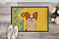 Summer Sunflowers Longhaired Red and White Chihuahua Indoor or Outdoor Mat 24x36