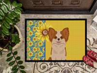 Summer Sunflowers Longhaired Red and White Chihuahua Indoor or Outdoor Mat 18x27