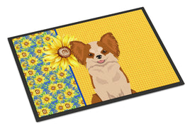 Summer Sunflowers Longhaired Red and White Chihuahua Indoor or Outdoor Mat 18x27