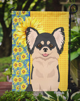 Summer Sunflowers Longhaired Black and White Chihuahua Flag Garden Size