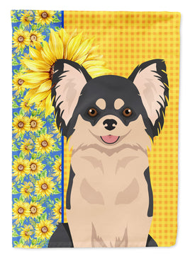 Summer Sunflowers Longhaired Black and White Chihuahua Flag Garden Size