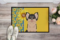 Summer Sunflowers Longhaired Black and White Chihuahua Indoor or Outdoor Mat 24x36