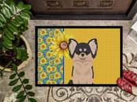 Summer Sunflowers Longhaired Black and White Chihuahua Indoor or Outdoor Mat 24x36