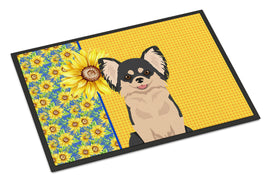 Summer Sunflowers Longhaired Black and White Chihuahua Indoor or Outdoor Mat 24x36