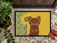 Summer Sunflowers Longhaired Chocolate and Tan Chihuahua Indoor or Outdoor Mat 24x36