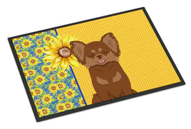 Summer Sunflowers Longhaired Chocolate and Tan Chihuahua Indoor or Outdoor Mat 24x36