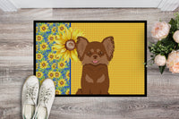 Summer Sunflowers Longhaired Chocolate and Tan Chihuahua Indoor or Outdoor Mat 18x27