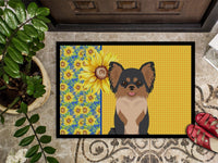 Summer Sunflowers Longhaired Black and Tan Chihuahua Indoor or Outdoor Mat 24x36