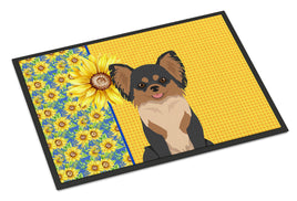 Summer Sunflowers Longhaired Black and Tan Chihuahua Indoor or Outdoor Mat 24x36