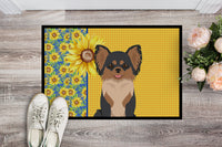 Summer Sunflowers Longhaired Black and Tan Chihuahua Indoor or Outdoor Mat 18x27