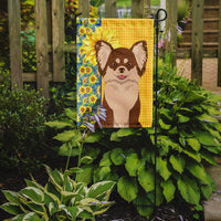 Summer Sunflowers Longhaired Chocolate and White Chihuahua Flag Garden Size