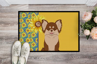 Summer Sunflowers Longhaired Chocolate and White Chihuahua Indoor or Outdoor Mat 18x27