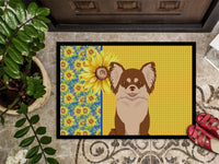 Summer Sunflowers Longhaired Chocolate and White Chihuahua Indoor or Outdoor Mat 18x27