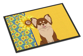 Summer Sunflowers Longhaired Chocolate and White Chihuahua Indoor or Outdoor Mat 18x27