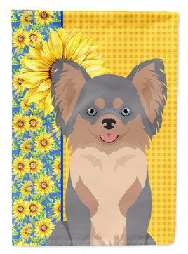 Summer Sunflowers Longhaired Blue and Tan Chihuahua Flag Garden Size