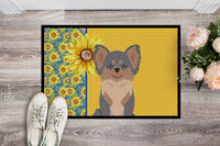 Summer Sunflowers Longhaired Blue and Tan Chihuahua Indoor or Outdoor Mat 18x27