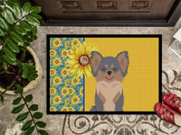 Summer Sunflowers Longhaired Blue and Tan Chihuahua Indoor or Outdoor Mat 18x27