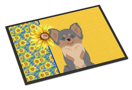 Summer Sunflowers Longhaired Blue and Tan Chihuahua Indoor or Outdoor Mat 18x27