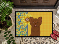 Summer Sunflowers Longhaired Chocolate Chihuahua Indoor or Outdoor Mat 18x27