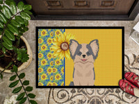 Summer Sunflowers Longhaired Blue and White Chihuahua Indoor or Outdoor Mat 24x36