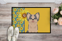 Summer Sunflowers Longhaired Blue and White Chihuahua Indoor or Outdoor Mat 18x27