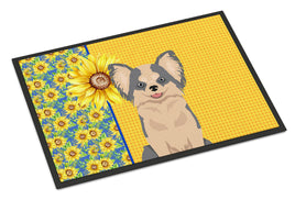 Summer Sunflowers Longhaired Blue and White Chihuahua Indoor or Outdoor Mat 18x27