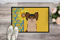 Summer Sunflowers Longhaired Black and Red Chihuahua Indoor or Outdoor Mat 24x36