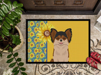 Summer Sunflowers Longhaired Black and Red Chihuahua Indoor or Outdoor Mat 24x36
