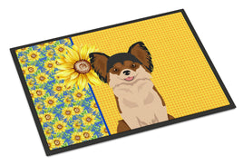 Summer Sunflowers Longhaired Black and Red Chihuahua Indoor or Outdoor Mat 24x36
