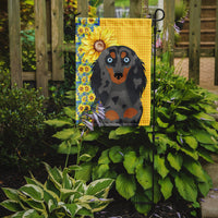 Summer Sunflowers Longhair Blue and Tan Dapple Dachshund Flag Garden Size