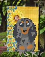 Summer Sunflowers Longhair Blue and Tan Dapple Dachshund Flag Garden Size