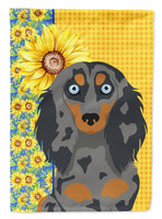 Summer Sunflowers Longhair Blue and Tan Dapple Dachshund Flag Garden Size