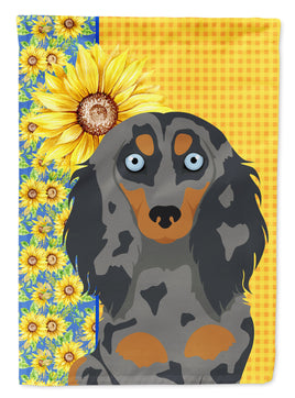 Summer Sunflowers Longhair Blue and Tan Dapple Dachshund Flag Garden Size