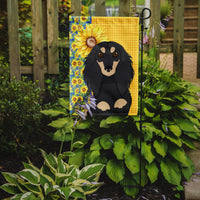 Summer Sunflowers Longhair Black and Cream Dachshund Flag Garden Size