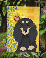 Summer Sunflowers Longhair Black and Cream Dachshund Flag Garden Size